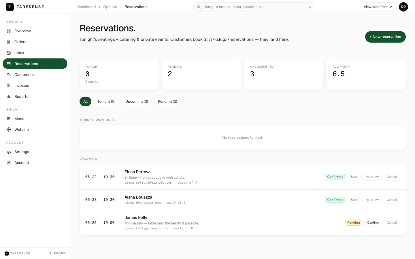 Reservations screen with tonight's bookings and waitlist
